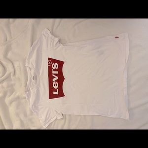 LEVI size small, white shirt with red logo.